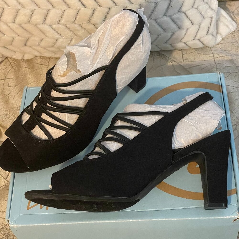 New Life Stride Soft System Cabaret Strappy Black Heels SZ 11Wide and 3.5" Heel
